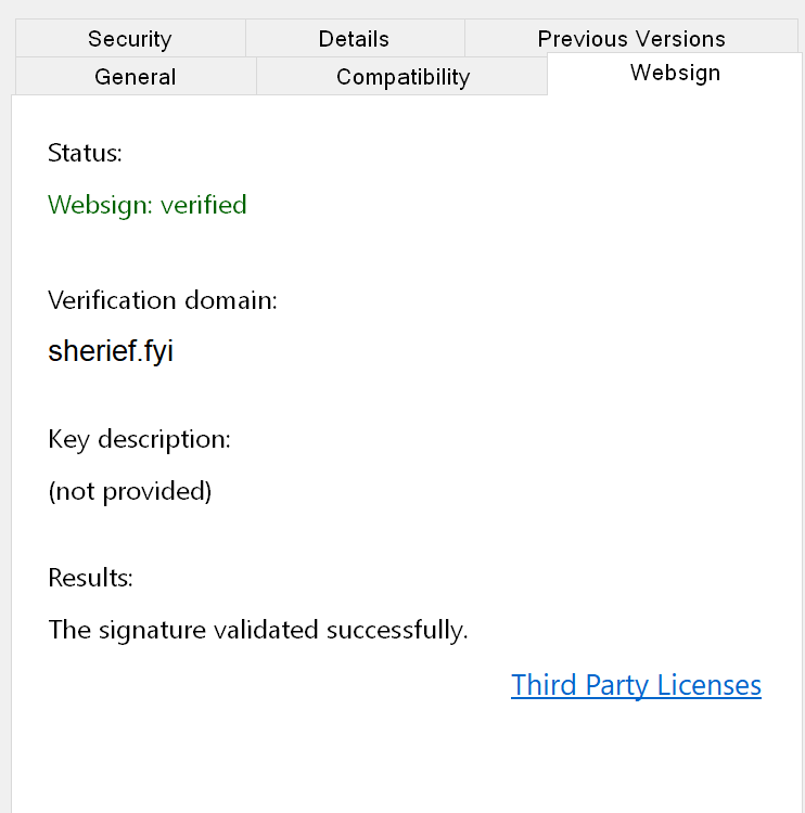 Websign property sheet in Windows shell showing the signature validation for an executable file